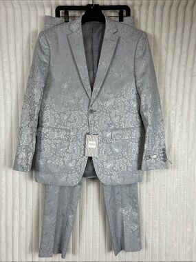 NWT VINCI Philosophy slim fit Light Silver Paisley Suit formal suit 40R 34W